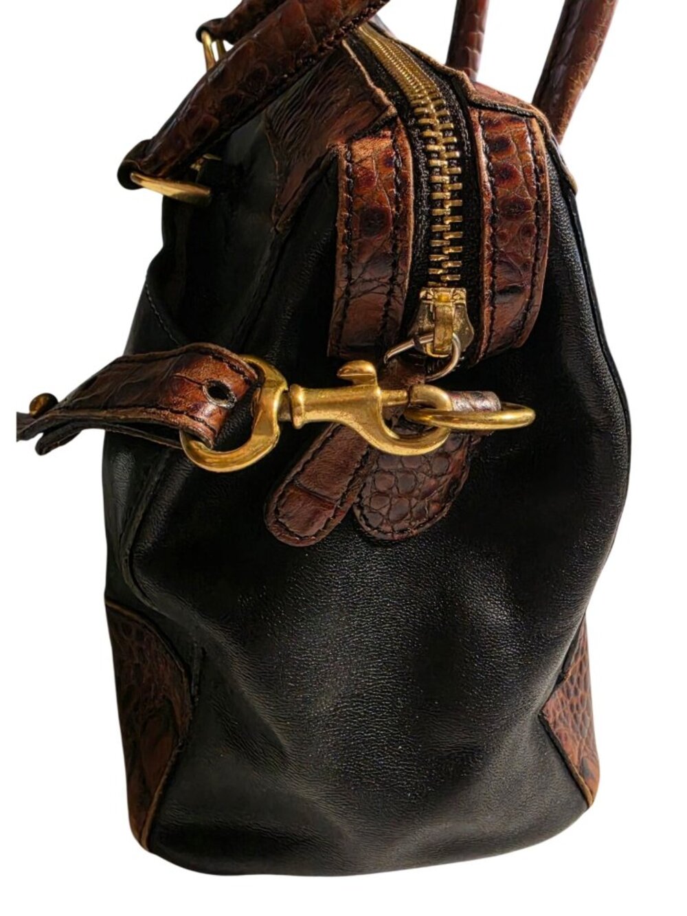 Vintage Brahmin 1992 Black Leather Brown Croc Embossed Satchel Crossbody Bag - Picture 7 of 12